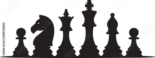 Black silhouette lineup of classic Staunton chess pieces including king queen knight bishop and pawns