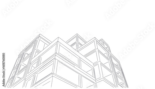A minimalist architectural rendering of a modern building with a geometric design.