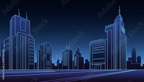 A stylized, futuristic cityscape illustration with glowing blue outlines of buildings against a dark blue background.