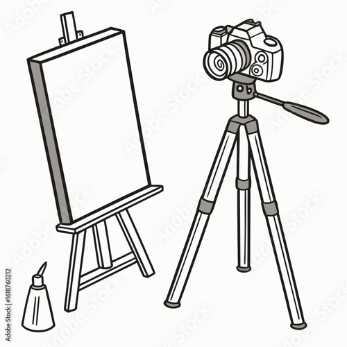 Artistic setup with a blank canvas on an easel and a camera on a tripod
