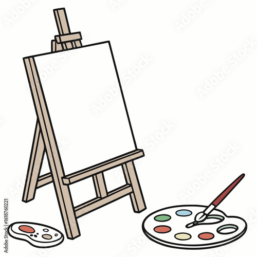 Artistic setup with a blank canvas on an easel paint palette and brush