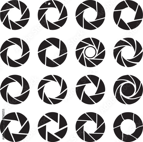 A collection of sixteen black graphic icons representing camera lens apertures and shutters