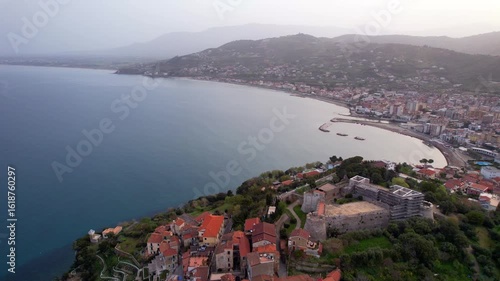 Agropoli - Italy - reverse landing aerial photograph town with a stunning view of the bay and the Castello Angioino Aragonese