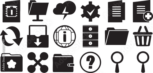 Isolated black information and document icons, file, database, folder, search, FAQ, tutorial, web content, dashboard, help report, system support for user guides, websites, and digital resources