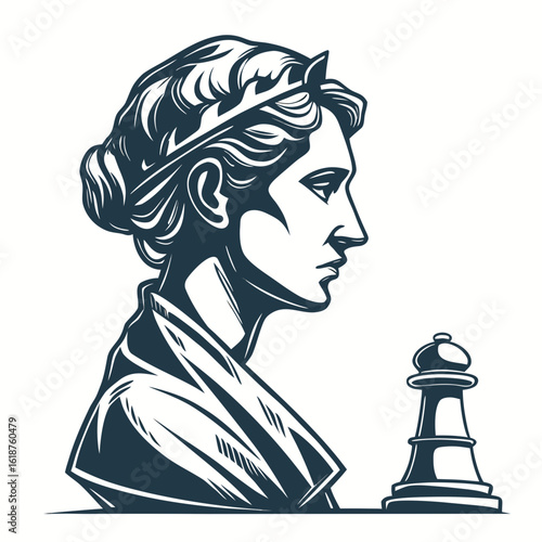 Elegant roman emperor bust contemplating a chess piece in a strategic game