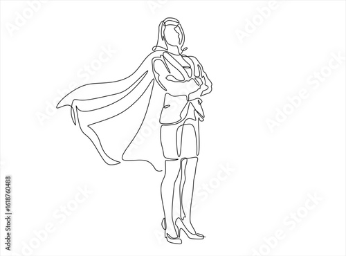 Single continuous line drawing superhero in cloak flutters in the wind. Successful business woman. Business success, leadership and victory. Hand drawn one line vector. Editable stroke
