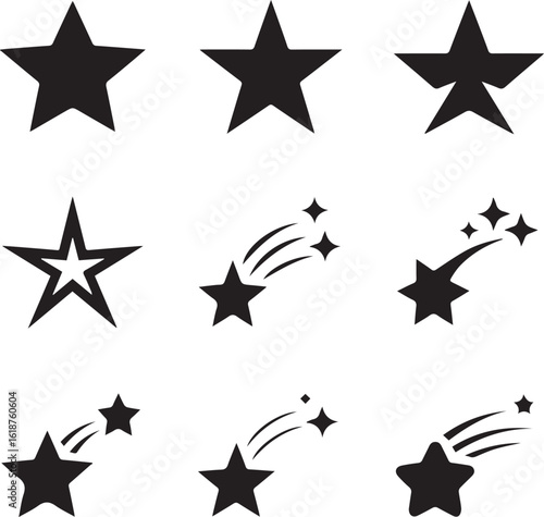 Set of nine black star icons featuring classic stylized and shooting star vector graphics
