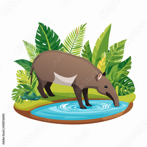 Charming tapir drinks from clear water pond surrounded by vibrant jungle foliage