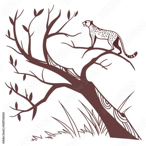 Stylized illustration of a cheetah perched on a tree branch with sparse leaves and grass below