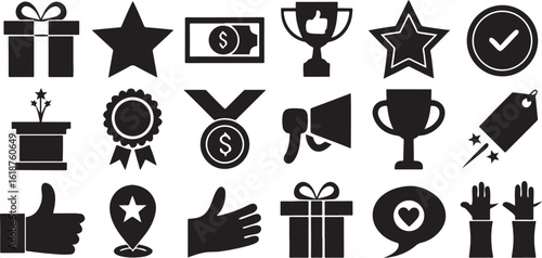 Isolated black gift reward bonus discount advantage offer handout icon salary insurance wellness support incentive profit success happiness growth opportunity value increase perks package finance vect