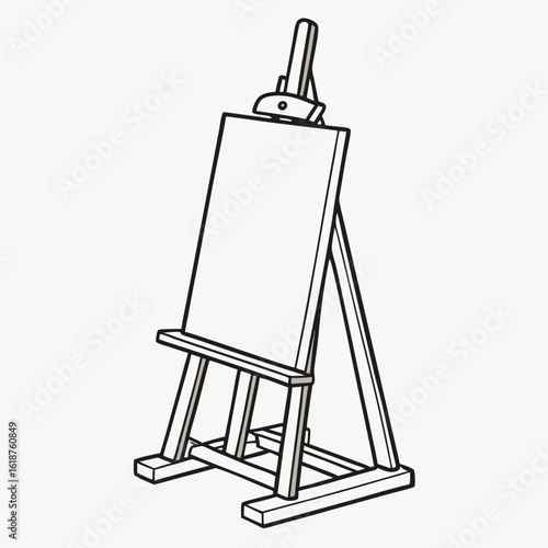 Simple black and white line drawing of an empty wooden artist s easel with a blank canvas