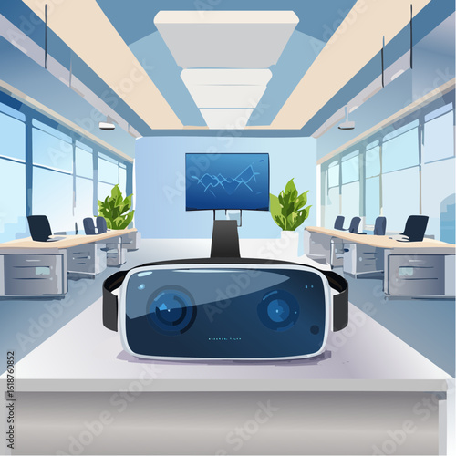 Immersive virtual reality headset in a modern boardroom ready for business innovation and future tech presentations