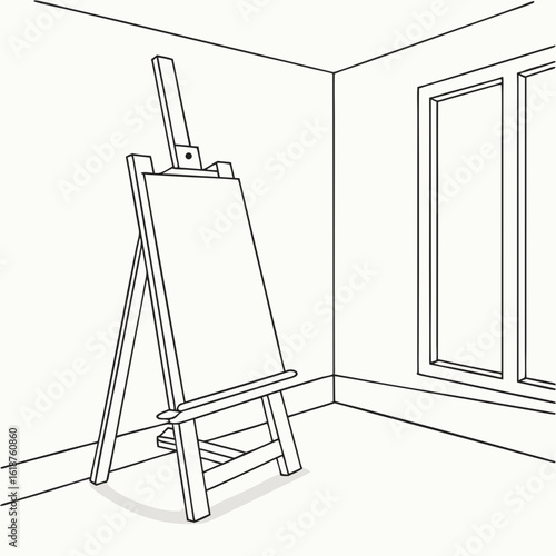 Artist s easel with blank canvas in a room with a window and corner perspective