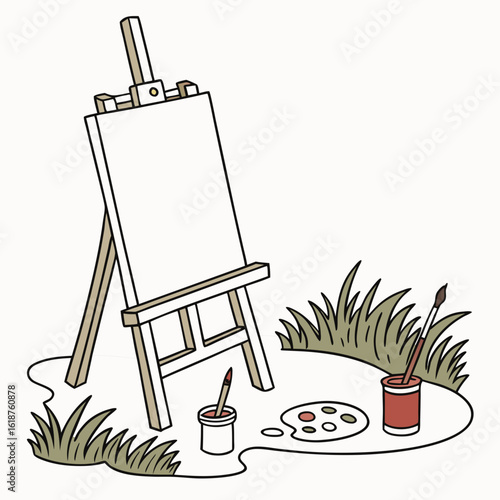 Artistic scene with an easel paint palette brushes and grass in a whimsical cartoon style