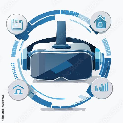 Immersive virtual reality headset connecting to data, finance, and real estate concepts for modern innovation