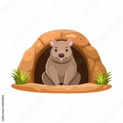 Charming wombat peeking from cozy underground burrow entrance surrounded by grass