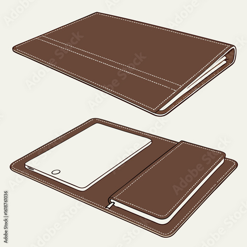 Brown leather tablet case with a notebook and stylus holder shown open and closed