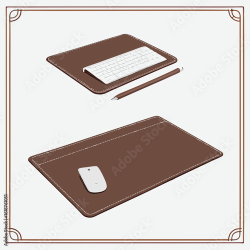 Brown leather desk mats with modern computer accessories including a keyboard mouse and stylus pen