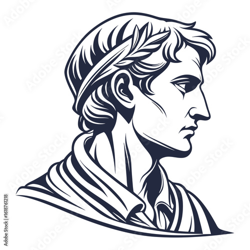 Stylized line art profile of a roman emperor wearing a laurel wreath