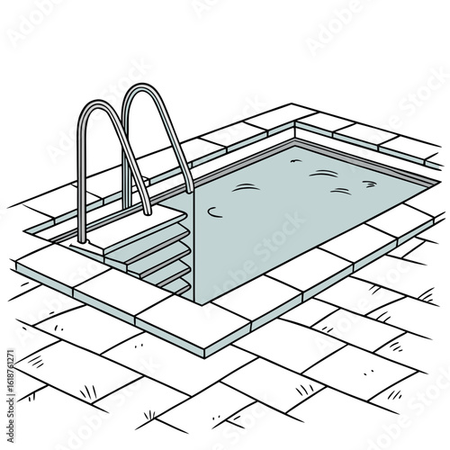 Simple illustration of an in ground swimming pool with steps and a ladder on a tiled patio