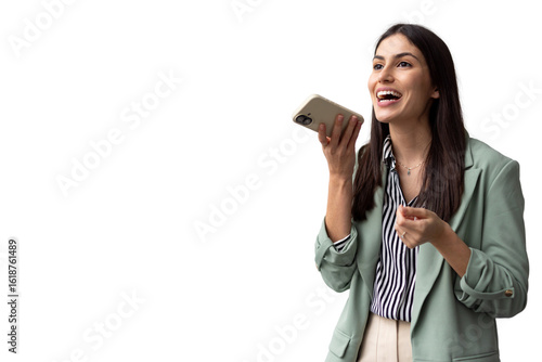 Quadro su tela Cheerful businesswoman recording audio message using smartphone app, isolated on