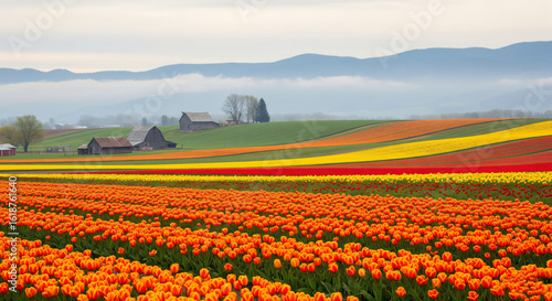 Fields of Blooms: A vibrant patchwork of colorful flowers, with gentle rolling hills creating a picturesque scenic view