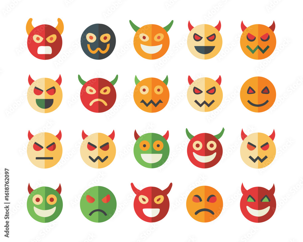 Obraz premium Collection of fierce devil faces and related symbols featuring bold colors and expressive designs for graphic projects