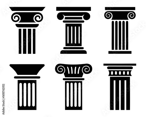 Collection of ancient architectural columns and pillars featuring classic greek and roman design elements for historical projects and antiquity themed graphics