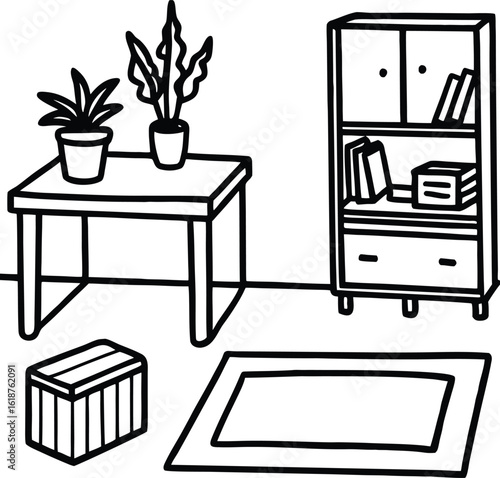 dorm with potted plant tidy desk and warm rug