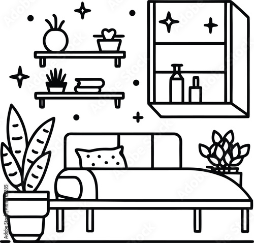 dorm with single bed plants on shelf and cozy