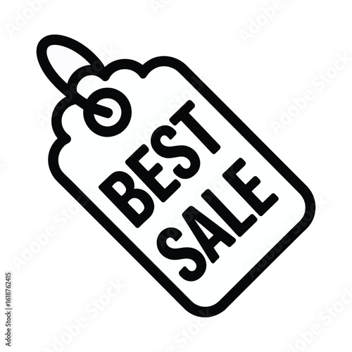 A short, clean, vector-style icon of a sale tag The tag has a scalloped edge and a hole at the top with a simple loop. Inside the tag, the words "BEST SALE" are in bold