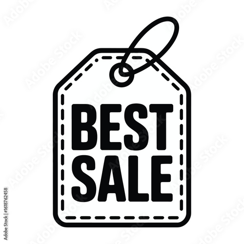 A short, clean, vector-style icon of a sale tag The tag has a scalloped edge and a hole at the top with a simple loop. Inside the tag, the words "BEST SALE" are in bold