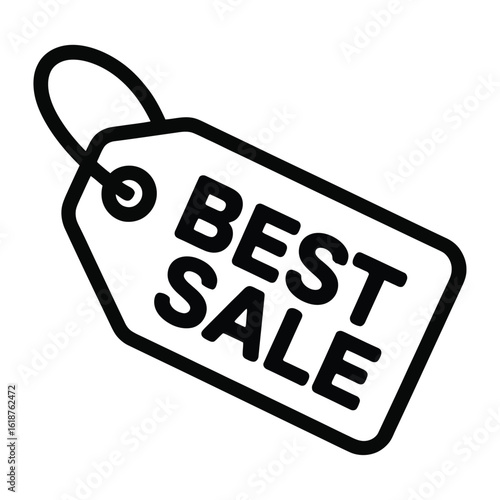 A short, clean, vector-style icon of a sale tag The tag has a scalloped edge and a hole at the top with a simple loop. Inside the tag, the words "BEST SALE" are in bold