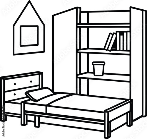 dorm with single bed shelf and poster