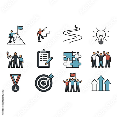 A set of twelve hand drawn style icons representing business success and teamwork