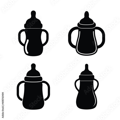 Baby Sippy Cup Silhouette Icons Set Isolated on White Background