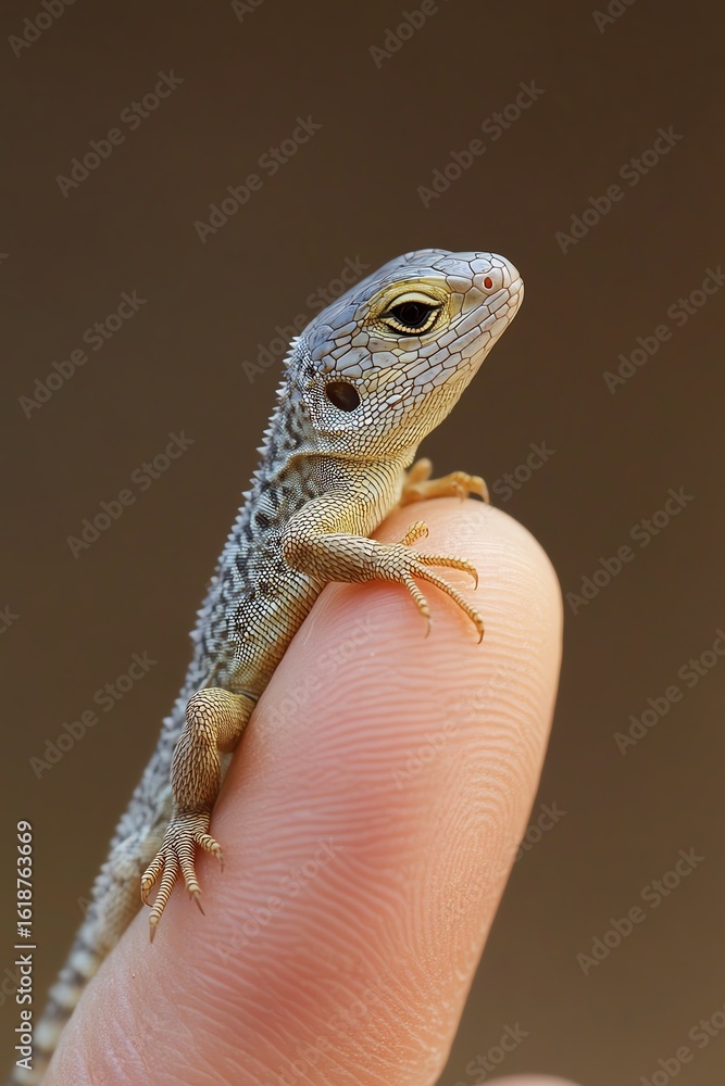 Obraz premium Tiny lizard perched on fingertip, showcasing delicate scales and curious eyes against a soft brown background.