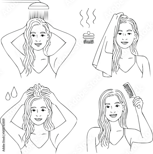 Daily Haircare Routine Line Art  Girl Washing, Drying, and Combing Hair