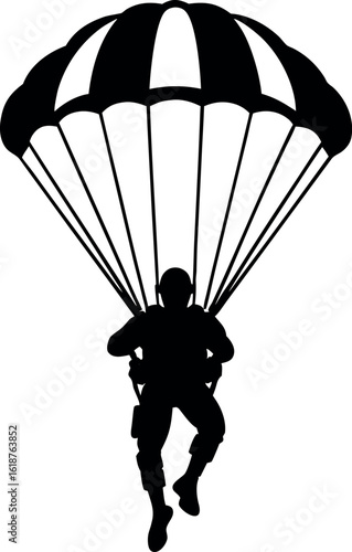 Parachutist descending from sky silhouette vector illustration