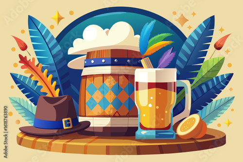 Vibrant Cartoon Oktoberfest Feast: Beer Stein, Bratwurst & Pretzel with Bavarian Hat on White Dot Background