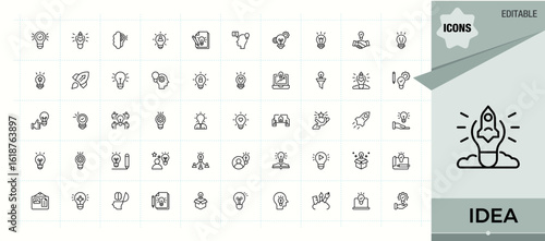 Idea line icon set. Contains outline symbols like innovation, ai, light, plan, knowledge, bulb and more. Brainstorm icon set. Line symbol and sign. Editable stroke. Vector collection.