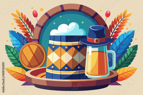 Vibrant Cartoon Oktoberfest Feast: Beer Stein, Bratwurst & Pretzel with Bavarian Hat on White Dot Background