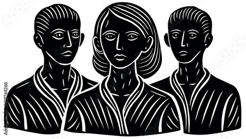 Black and white graphic portrait of three individuals with stylized hair and clothing people