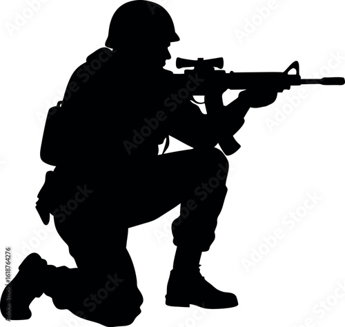 Soldier aiming rifle in crouched position silhouette vector illustration