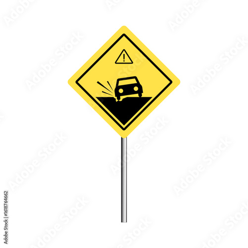 Roadside pothole yellow warning sign with broken road and car illustration. 