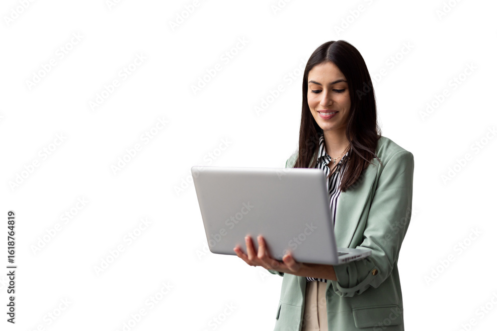 Smiling young businesswoman holding a laptop, showcasing confidence and professionalism against a transparent background Smiling young businesswoman holding a laptop, showcasing confidence and professionalism against a transparent background