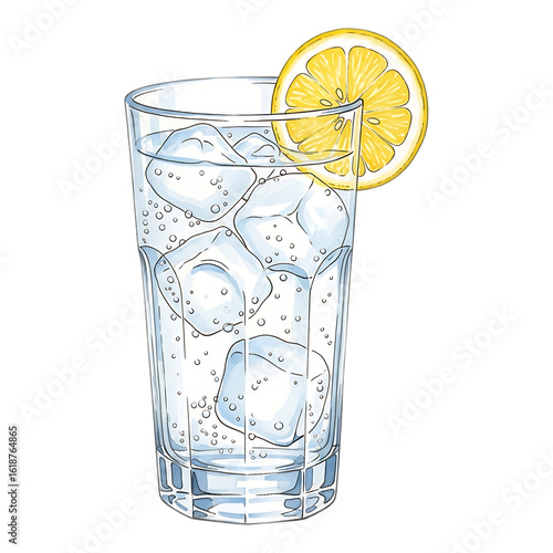 Refreshing tall glass of ice water with lemon slice isolated on transparent background