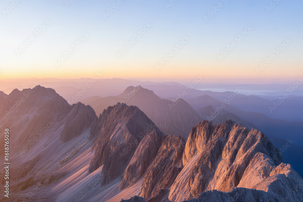 Fototapeta premium Jagged mountain peaks at sunrise mountain range dawn