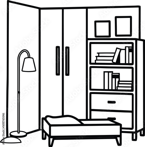 dorm with small wardrobe and reading lamp
