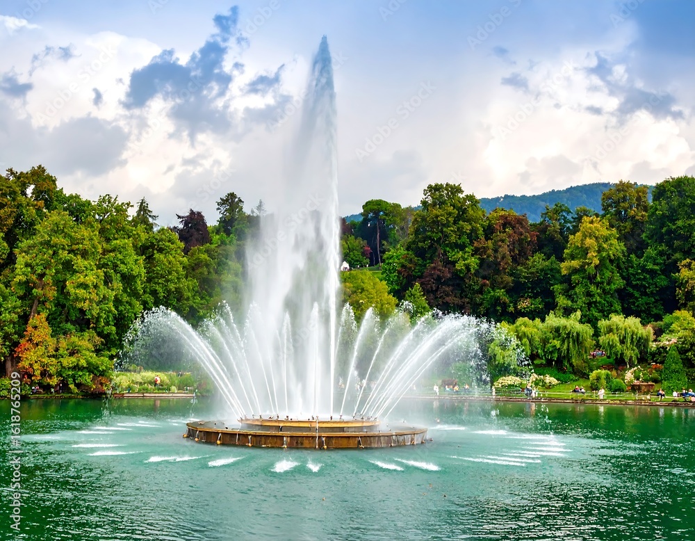 Fototapeta premium Majestic fountain in a park by a lake